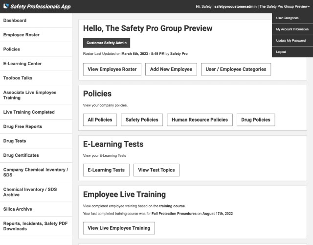 Safety Professionals App - Customer Dashboard Page showing user category options