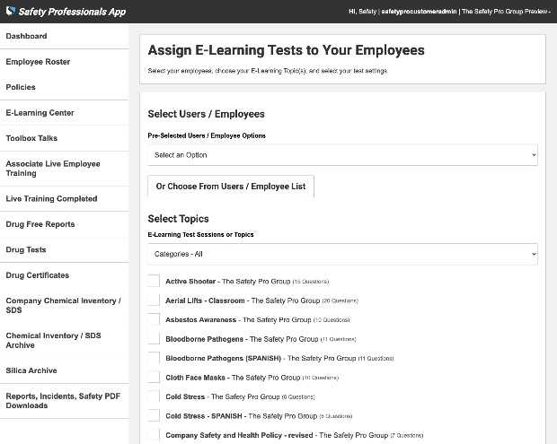 Safety Professionals App - Assigning E-Learning Tests to your Employees