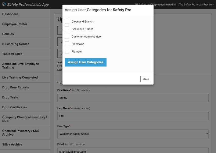 Safety Professionals App - Assigning User Categories to a User