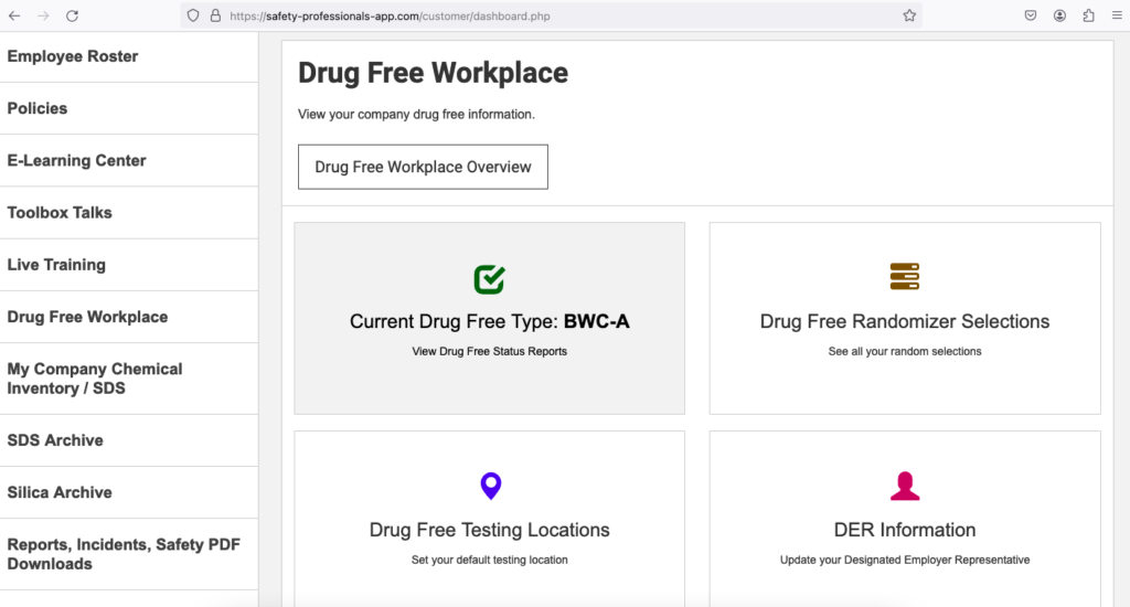 Safety Professionals App - Customer Dashboard - Drug Free Workplace - Enhancements