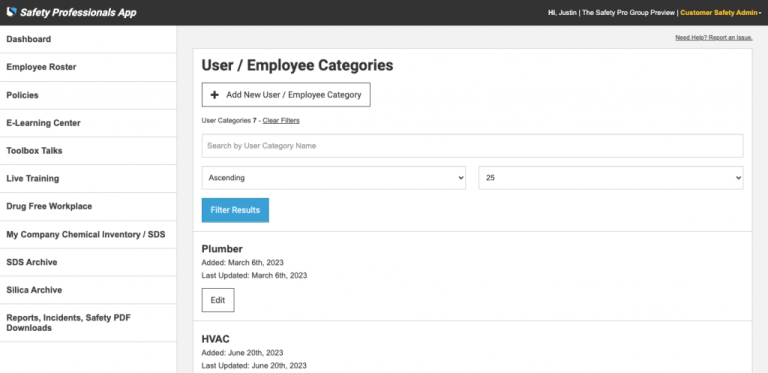 Safety Professionals App - User Categories Listing Page - Release Update