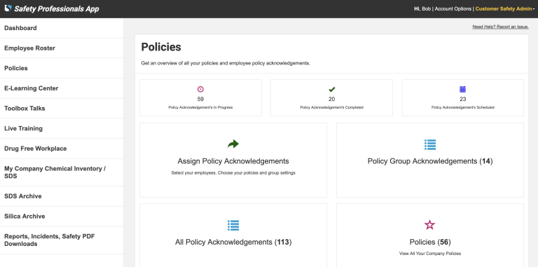 Policy acknowledgements dashboard in the Safety Professionals App