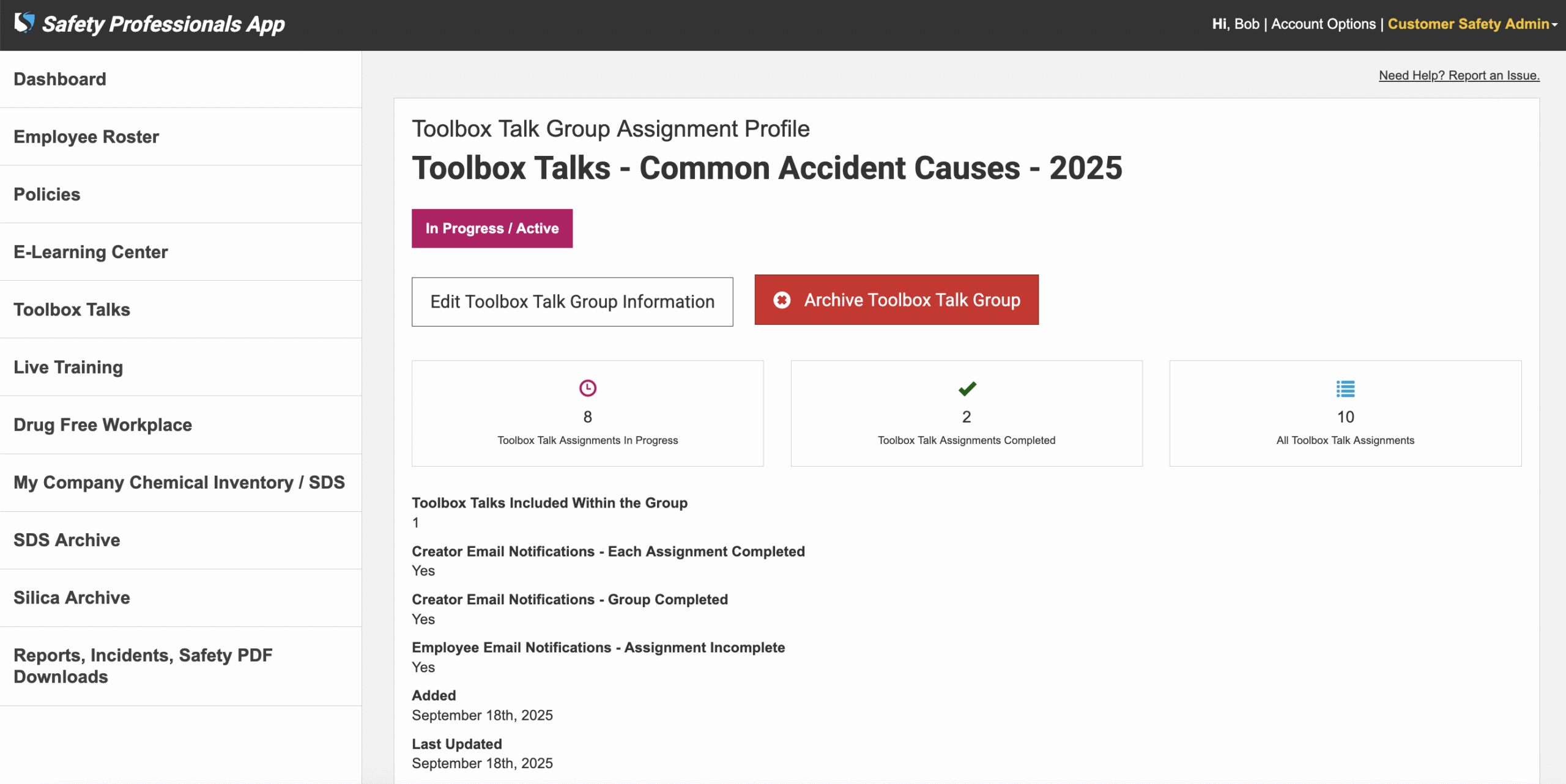 Safety Professionals App - Toolbox Talks Group Assignment - Preview - Desktop