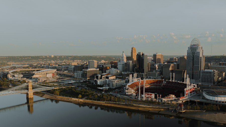 Aerial view of Cincinnati and the river
