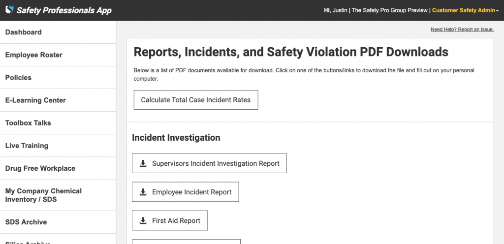 Safety Professionals App reports download page