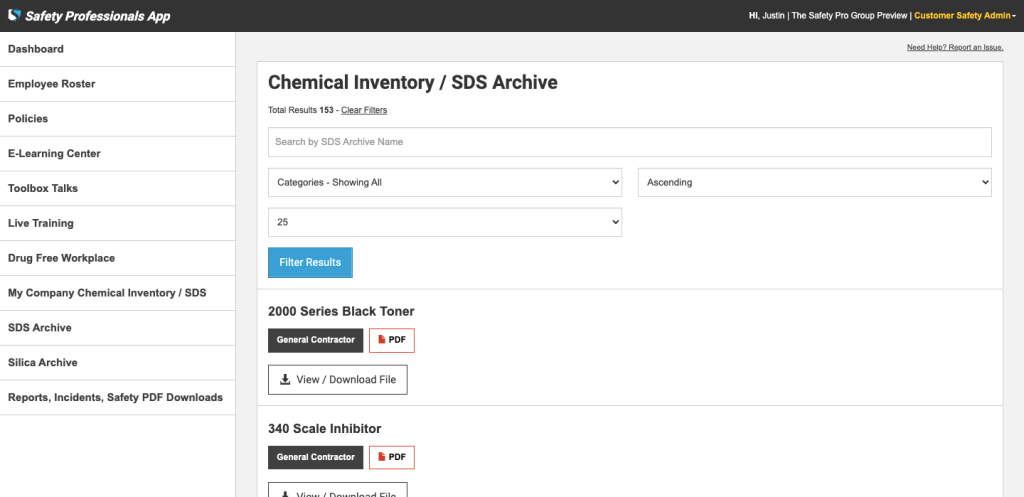 Chemical inventory and Safety Data Sheet archive in the Safety Professionals App