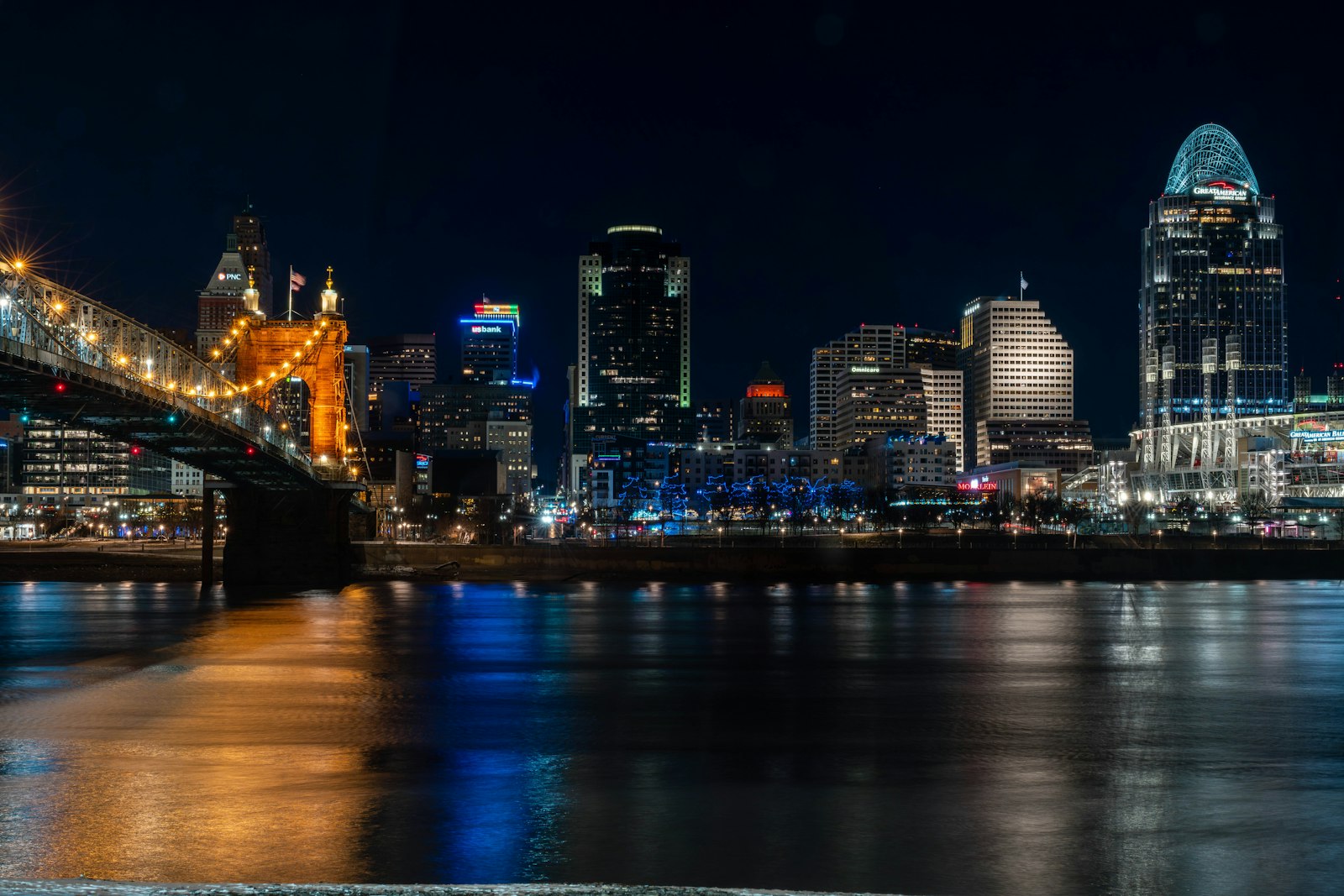 Cincinnati at night with a bridge