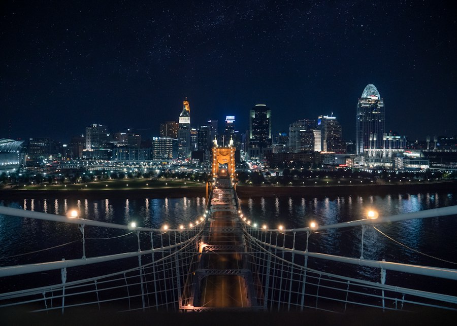 Cincinnati bridge lit at night