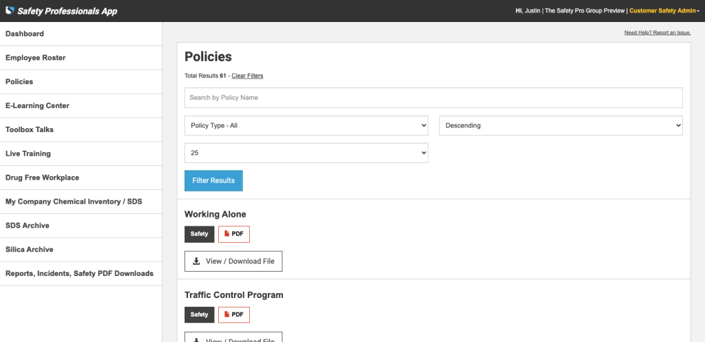 Company policies list with filters and downloads in the Safety Professionals App
