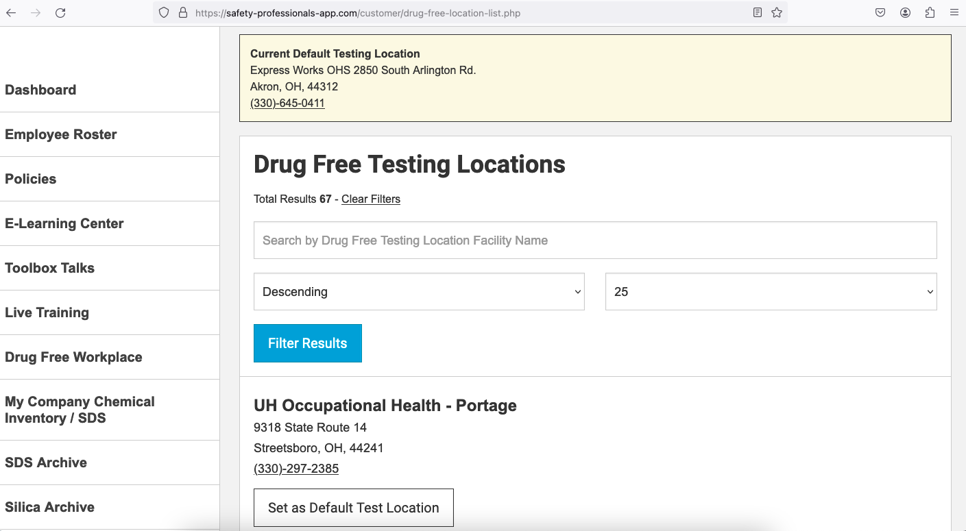 Drug testing locations in the Safety Professionals App