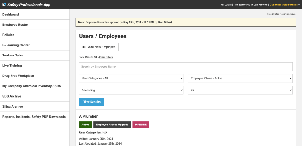 Employee roster in the Safety Professionals App