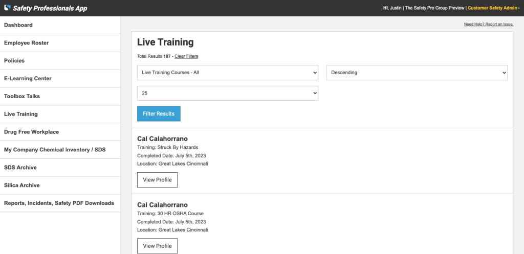 Live training records in the Safety Professionals App