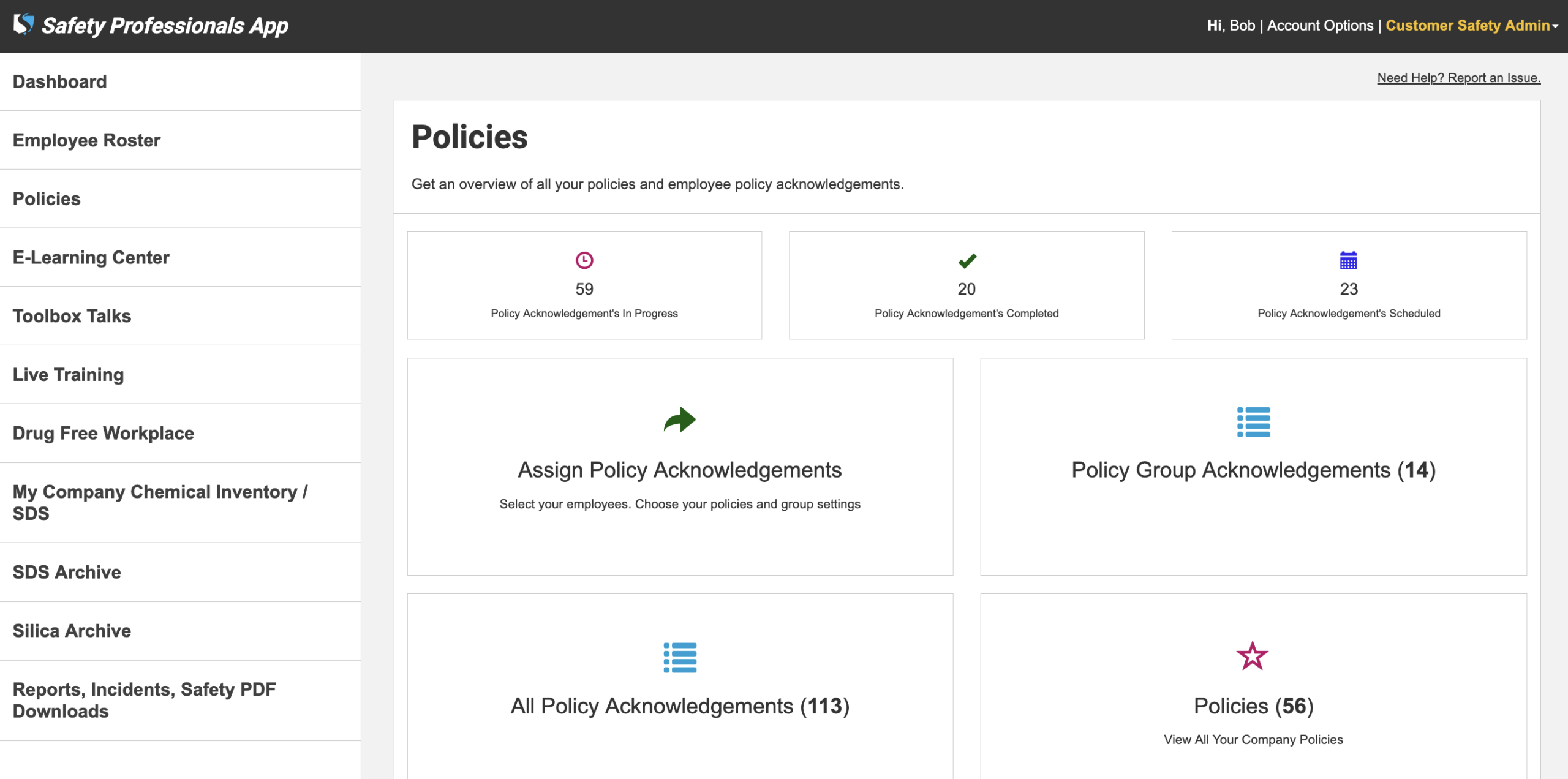 Policy acknowledgements in the Safety Professionals App