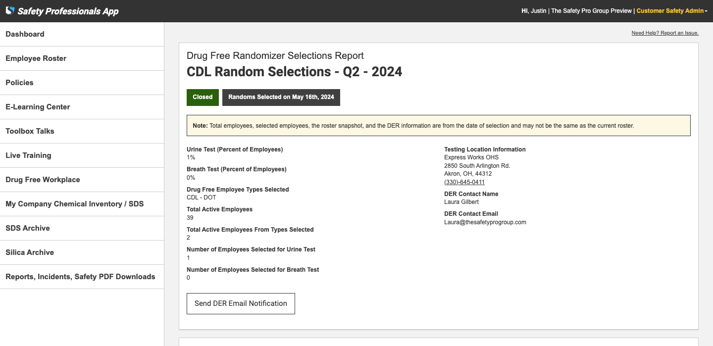 Random selections report for a CDL testing pool in the Safety Professionals App