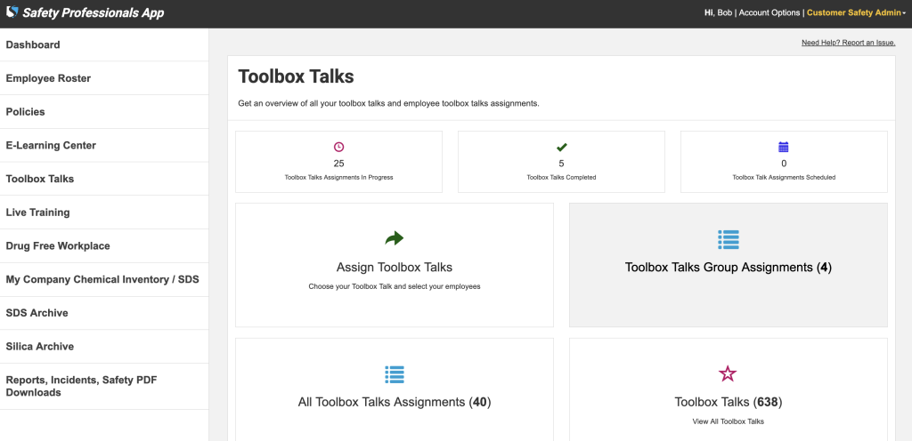 Toolbox talk assignments overview in the Safety Professionals App