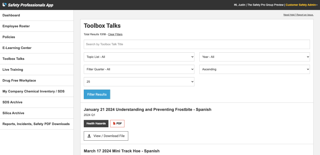 Toolbox talks library with filters and downloads in the Safety Professionals App